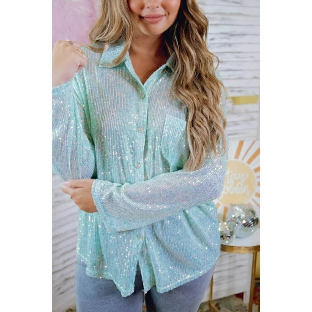 Life's a Party Sequin Button-Up Shirt in Aqua - Picture 4 of 8